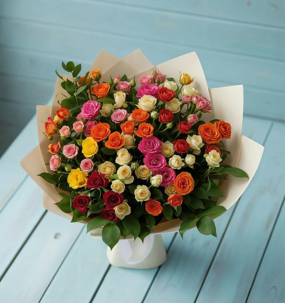 Букет Микс из разноцветных кустовых роз в Шерегеше
